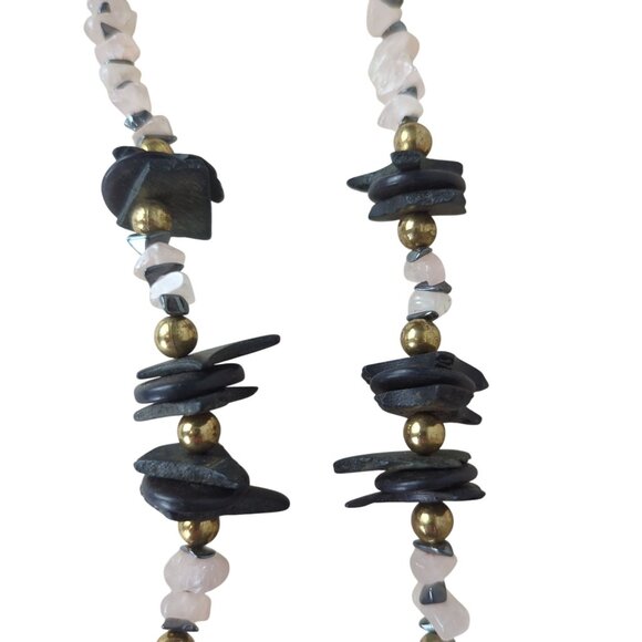 Vintage Harlequin Face Ceramic Pendant Necklace Pink and black stone & wood‎ 25" - Picture 6 of 16